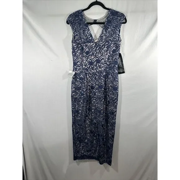 NEW $268 JS Collections [ 4 ] Daniela Bow Tea Length Dress Navy Blue/Blush Q1050